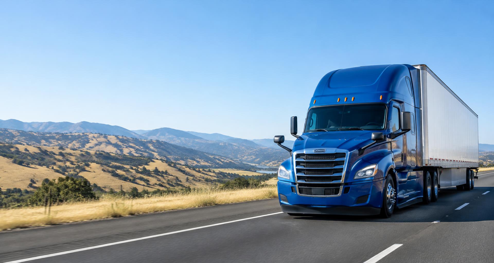 Blue semi truck and trailer traveling on an open highway